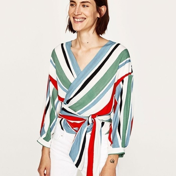 Zara Wrap Top Multi Color Stripes Women's Size Medium M - Picture 1 of 4